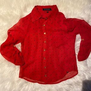 GUESS Sheer Red Blouse with Black Polka dots Size xsmall